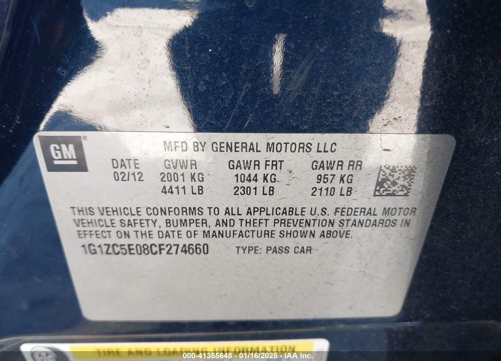 2012 CHEVROLET MALIBU 1LT VIN: 1G1ZC5E08CF274660