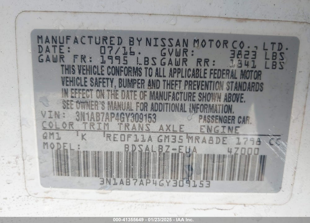 2016 NISSAN SENTRA VIN: 3N1AB7AP4GY309153