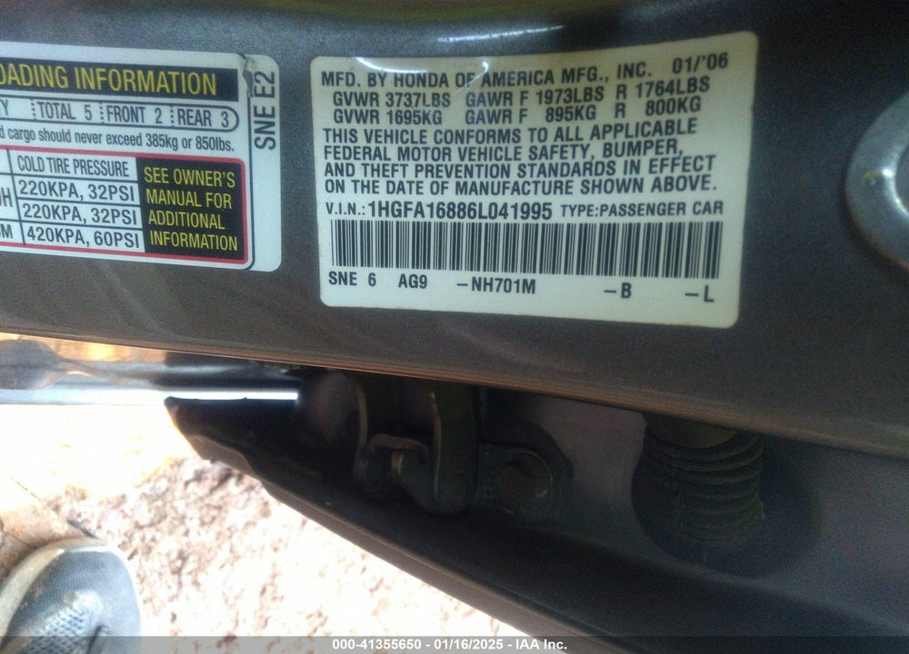 2006 HONDA CIVIC EX VIN: 1HGFA16886L041995