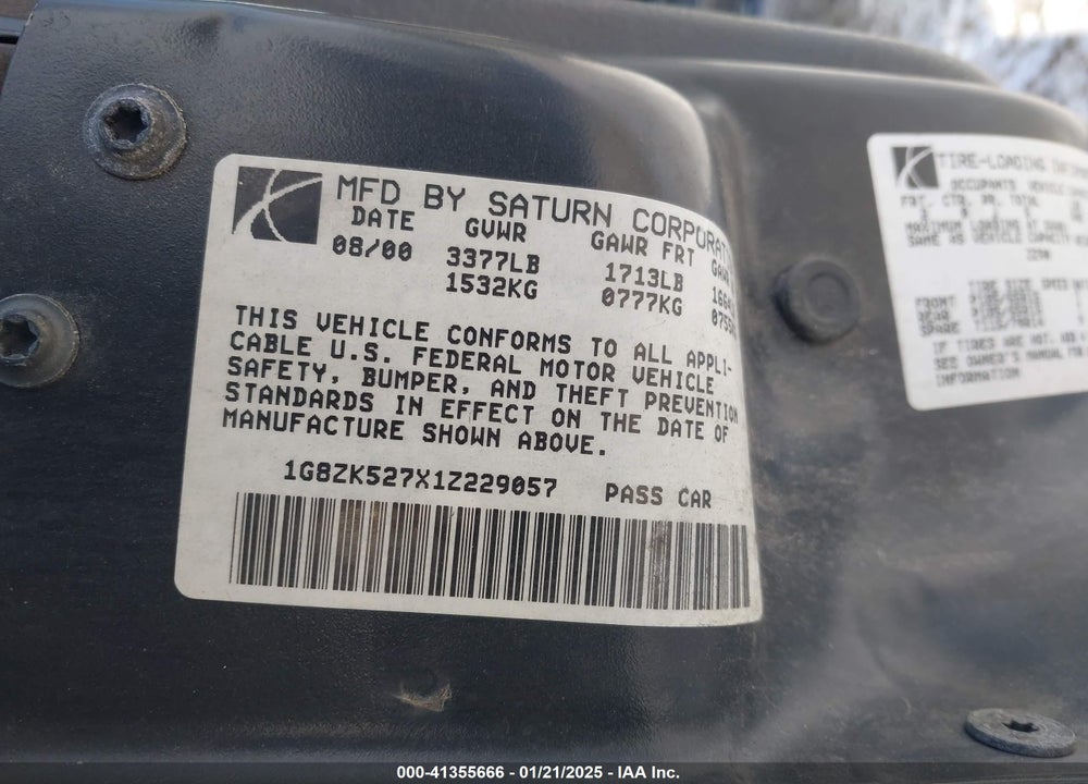 2001 SATURN SL2 VIN: 1G8ZK527X1Z229057