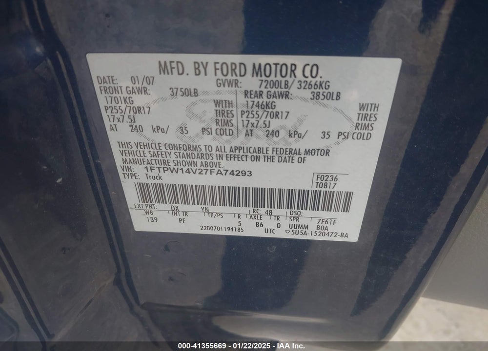 2007 FORD F-150 VIN: 1FTPW14V27FA74293