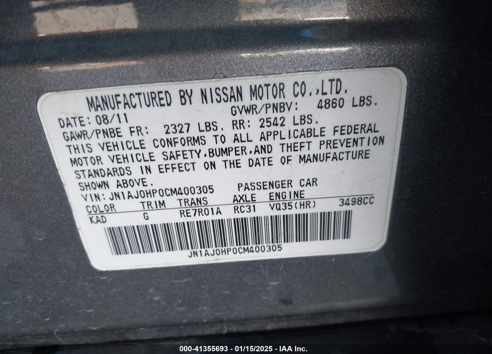 2012 INFINITI EX35 JOURNEY VIN: JN1AJ0HP0CM400305