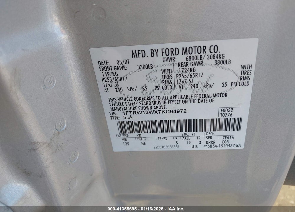 2007 FORD F-150 XLT VIN: 1FTRW12WX7KC94972