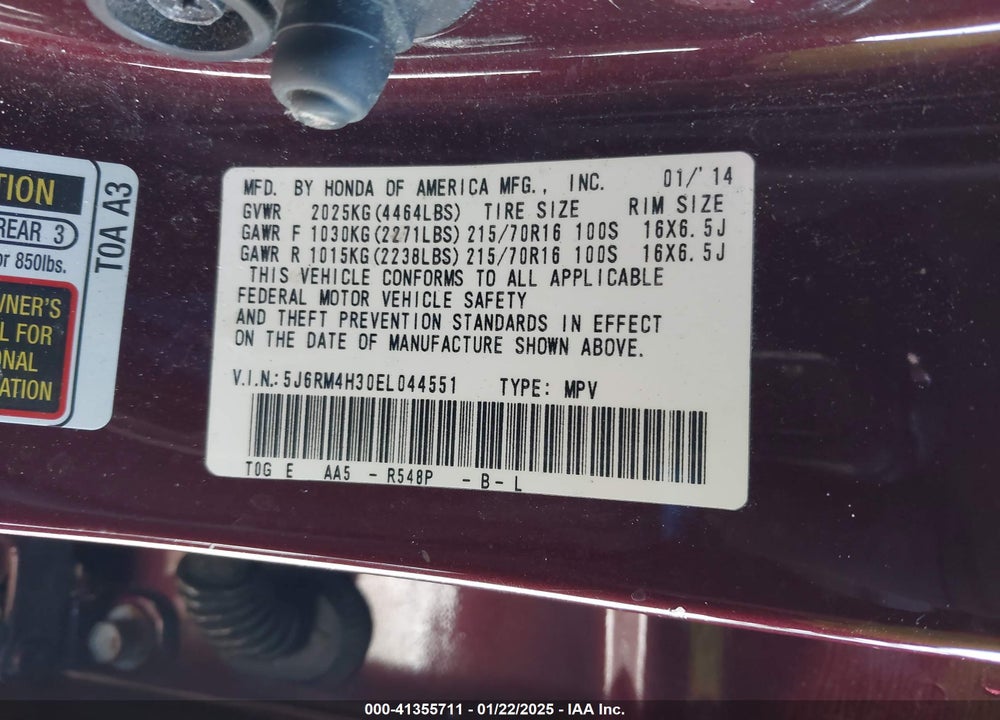 2014 HONDA CR-V LX VIN: 5J6RM4H30EL044551