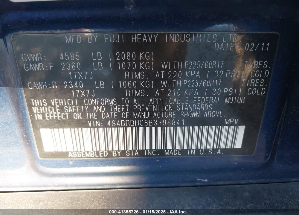2011 SUBARU OUTBACK 2.5I PREMIUM VIN: 4S4BRBHC8B3398841