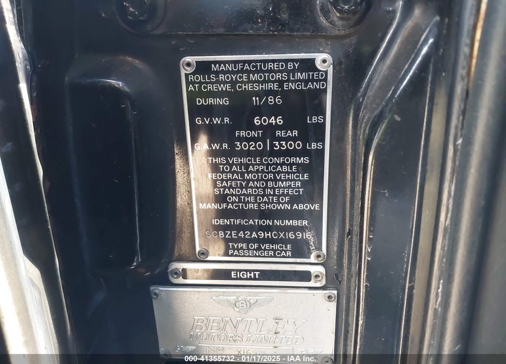 1987 BENTLEY EIGHT VIN: SCBZE42A9HCX16916