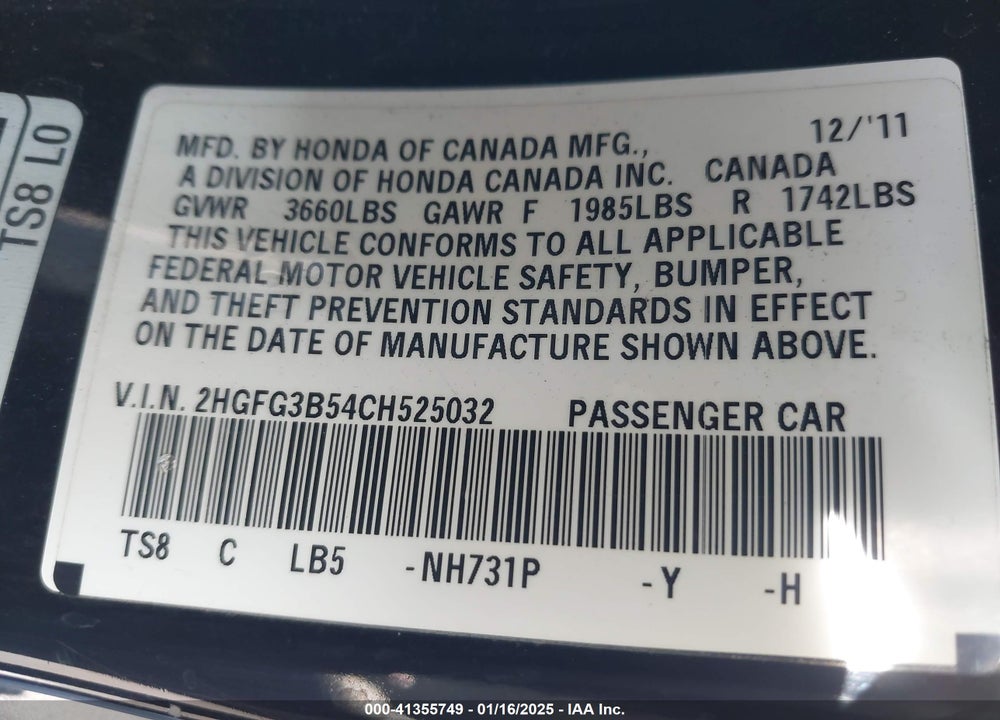 2012 HONDA CIVIC VIN: 2HGFG3B54CH525032