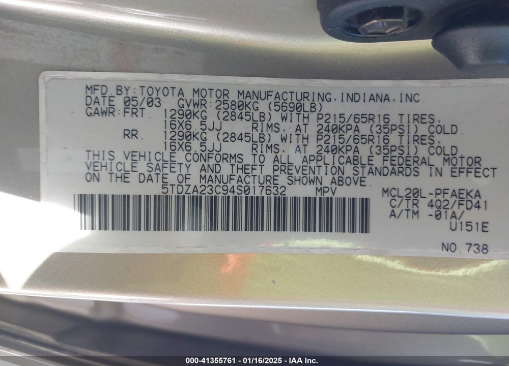 2004 TOYOTA SIENNA CE VIN: 5TDZA23C94S017632