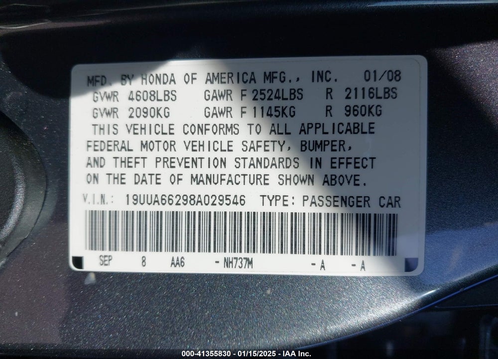 2008 ACURA TL VIN: 19UUA66298A029546