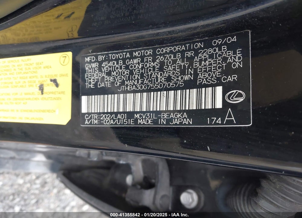 2005 LEXUS ES 330 VIN: JTHBA30G755070575