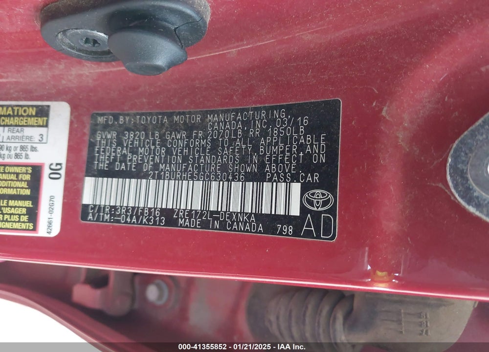 2016 TOYOTA COROLLA VIN: 2T1BURHE5GC630436