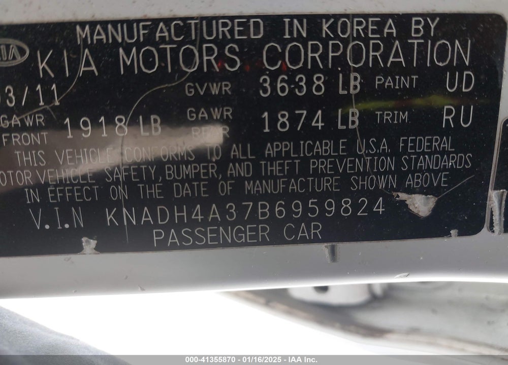 2011 KIA RIO VIN: KNADH4A37B6959824