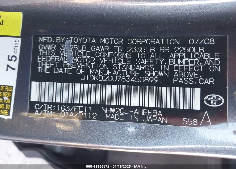 2008 TOYOTA PRIUS VIN: JTDKB20U783450899