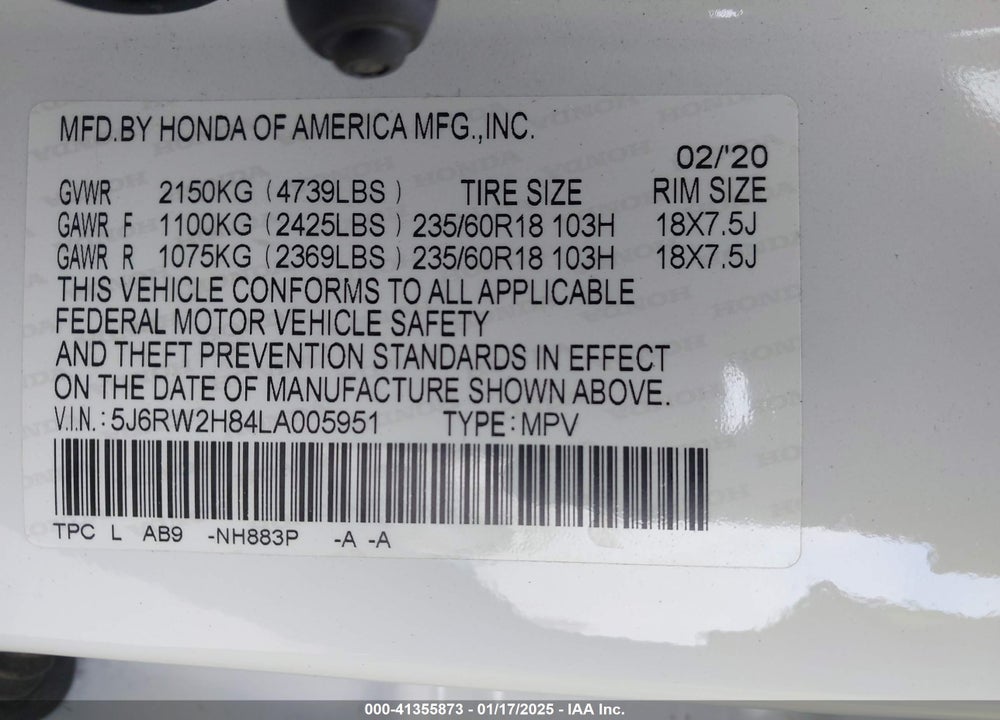 2020 HONDA CR-V AWD EX-L VIN: 5J6RW2H84LA005951