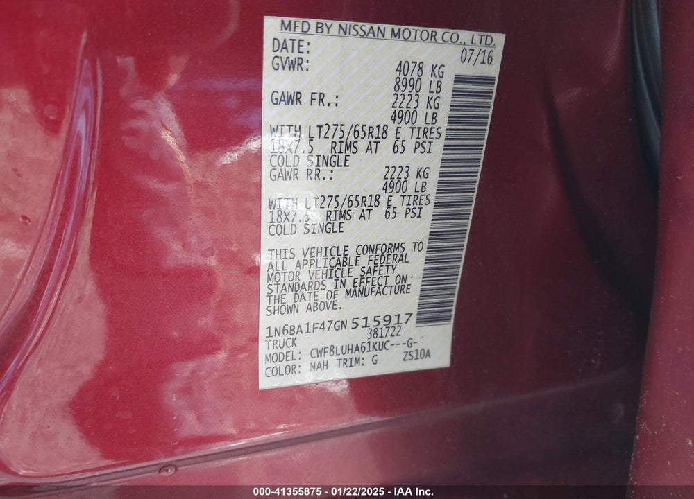 2016 NISSAN TITAN XD VIN: 1N6BA1F47GN515917