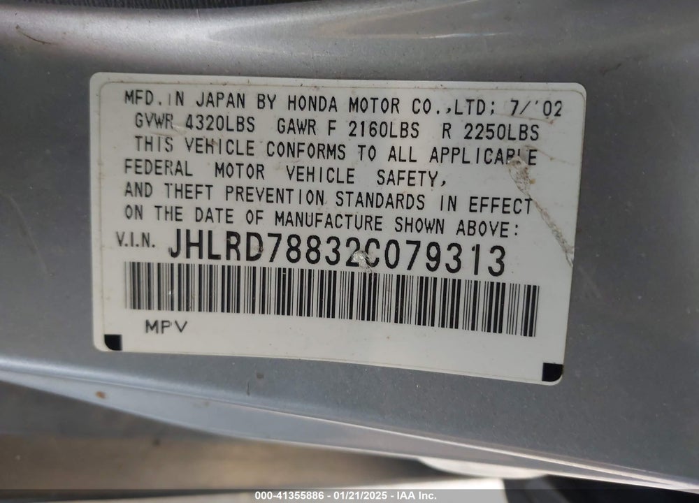2002 HONDA CR-V EX VIN: JHLRD78832C079313