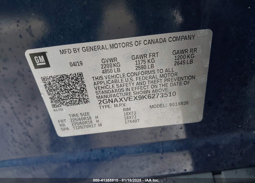2019 CHEVROLET EQUINOX VIN: 2GNAXVEX9K6273510