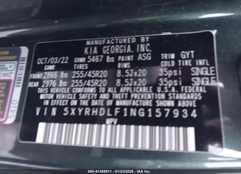 2022 KIA SORENTO X-LINE EX VIN: 5XYRHDLF1NG157934