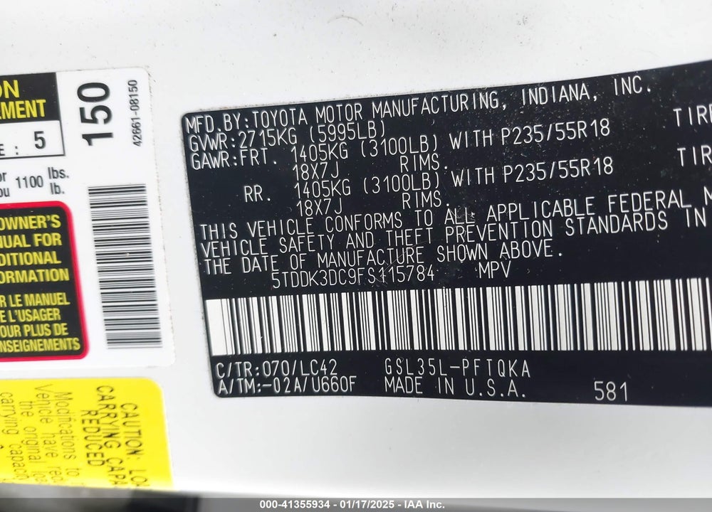 2015 TOYOTA SIENNA XLE LIMITED VIN: 5TDDK3DC9FS115784