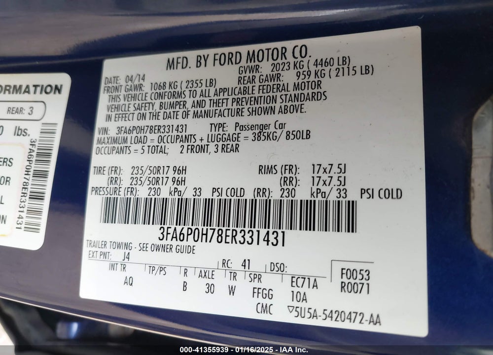 2014 FORD FUSION SE VIN: 3FA6P0H78ER331431