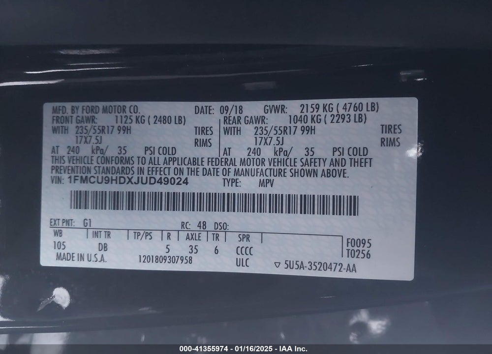2018 FORD ESCAPE SEL VIN: 1FMCU9HDXJUD49024