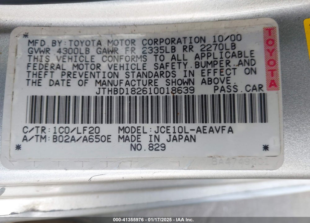 2001 LEXUS IS 300 VIN: JTHBD182610018639