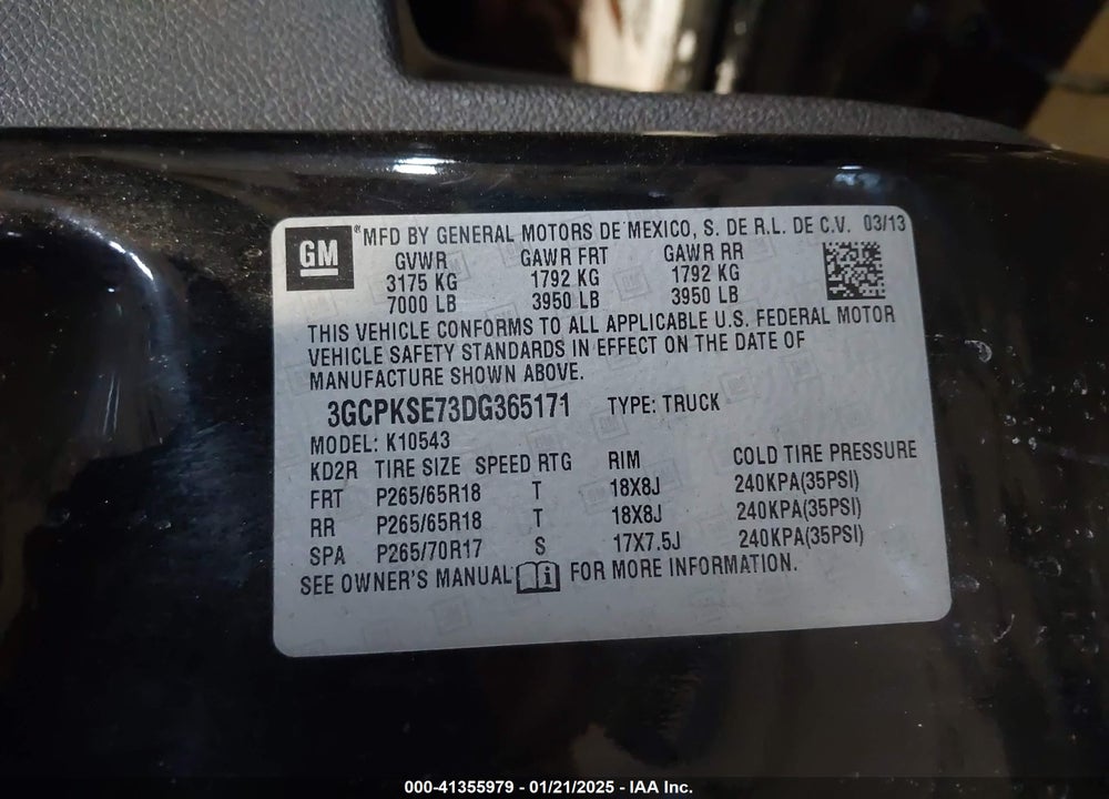 2013 CHEVROLET SILVERADO VIN: 3GCPKSE73DG365171
