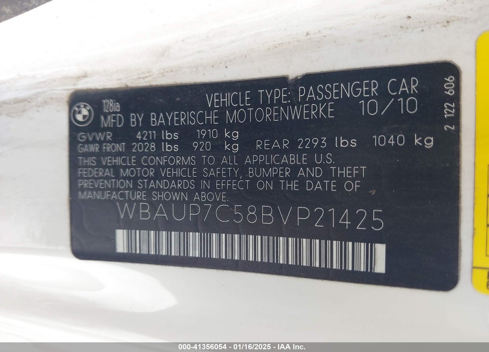 2011 BMW 128I VIN: WBAUP7C58BVP21425