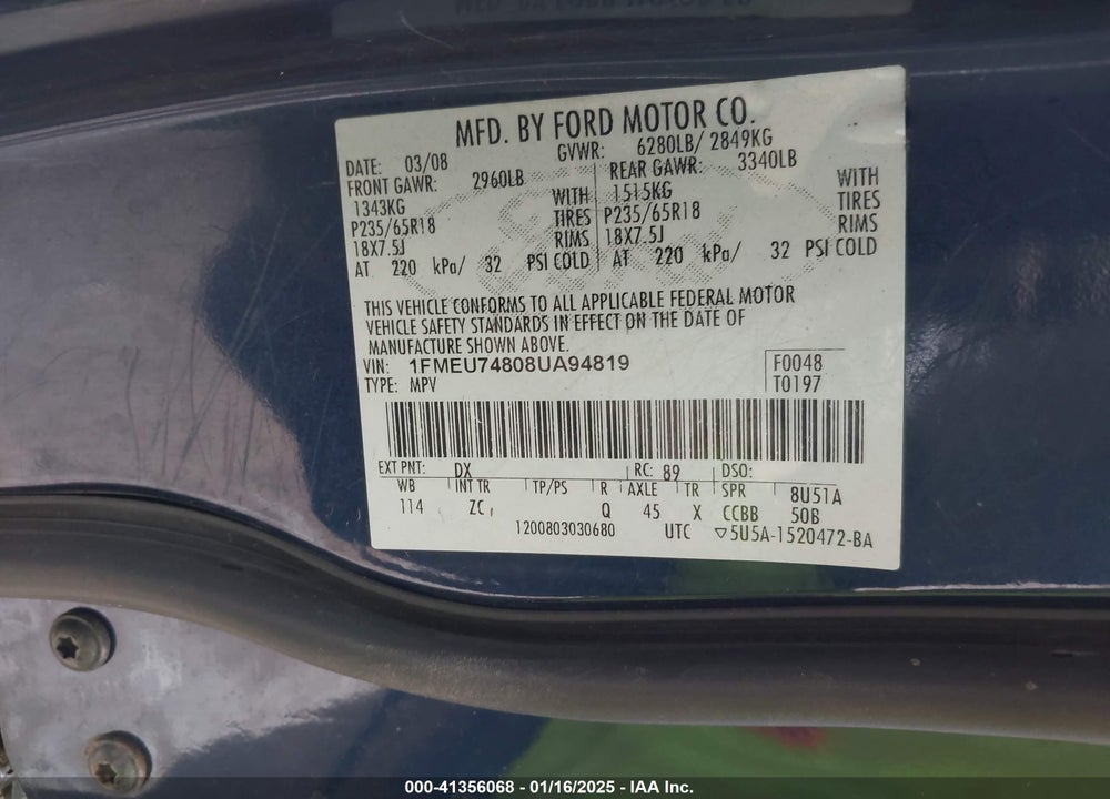 2008 FORD EXPLORER EDDIE BAUER VIN: 1FMEU74808UA94819