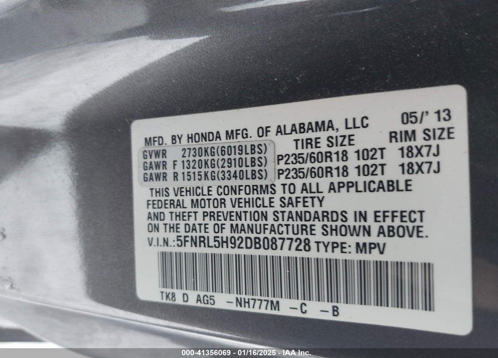 2013 HONDA ODYSSEY TOURING/TOURING ELITE VIN: 5FNRL5H92DB087728