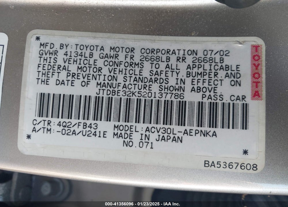 2002 TOYOTA CAMRY LE VIN: JTDBE32K520137786