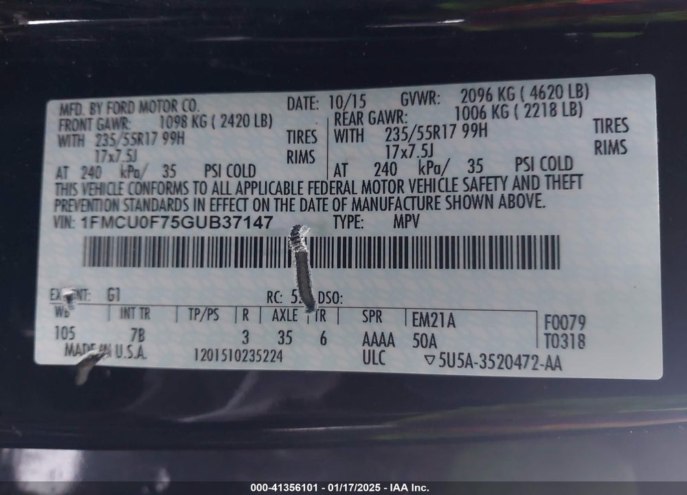 2016 FORD ESCAPE S VIN: 1FMCU0F75GUB37147