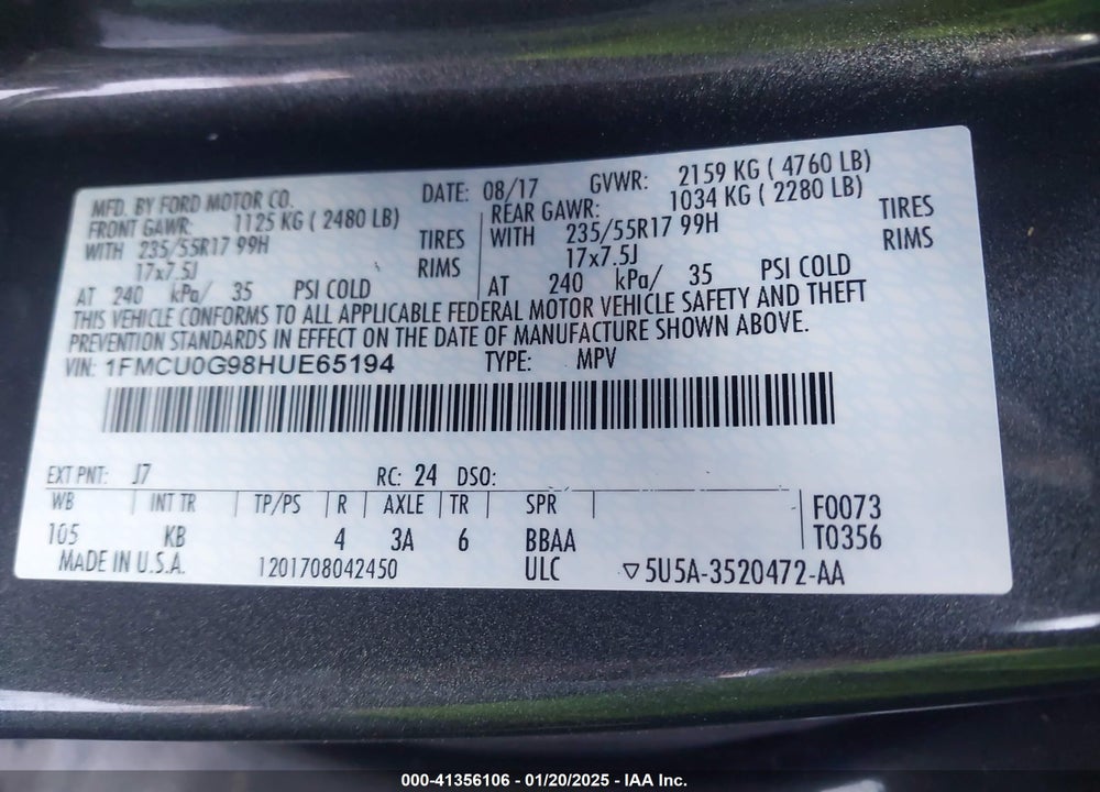 2017 FORD ESCAPE SE VIN: 1FMCU0G98HUE65194