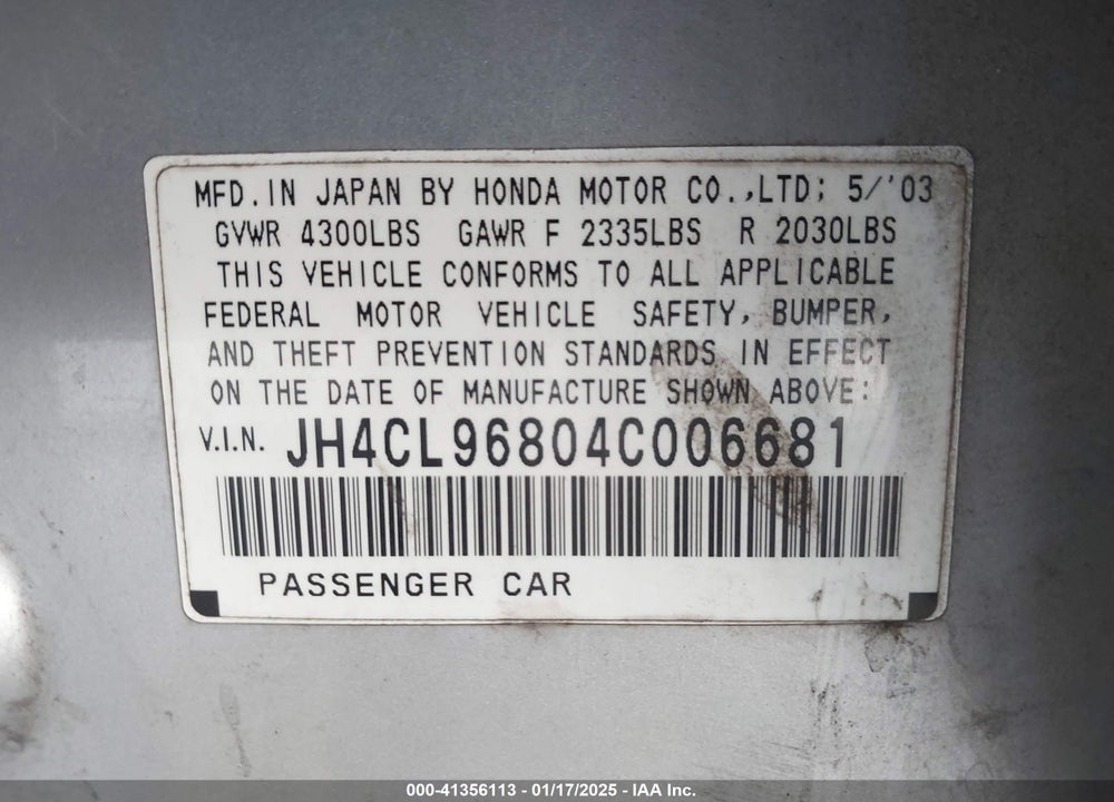 2004 ACURA TSX VIN: JH4CL96804C006681