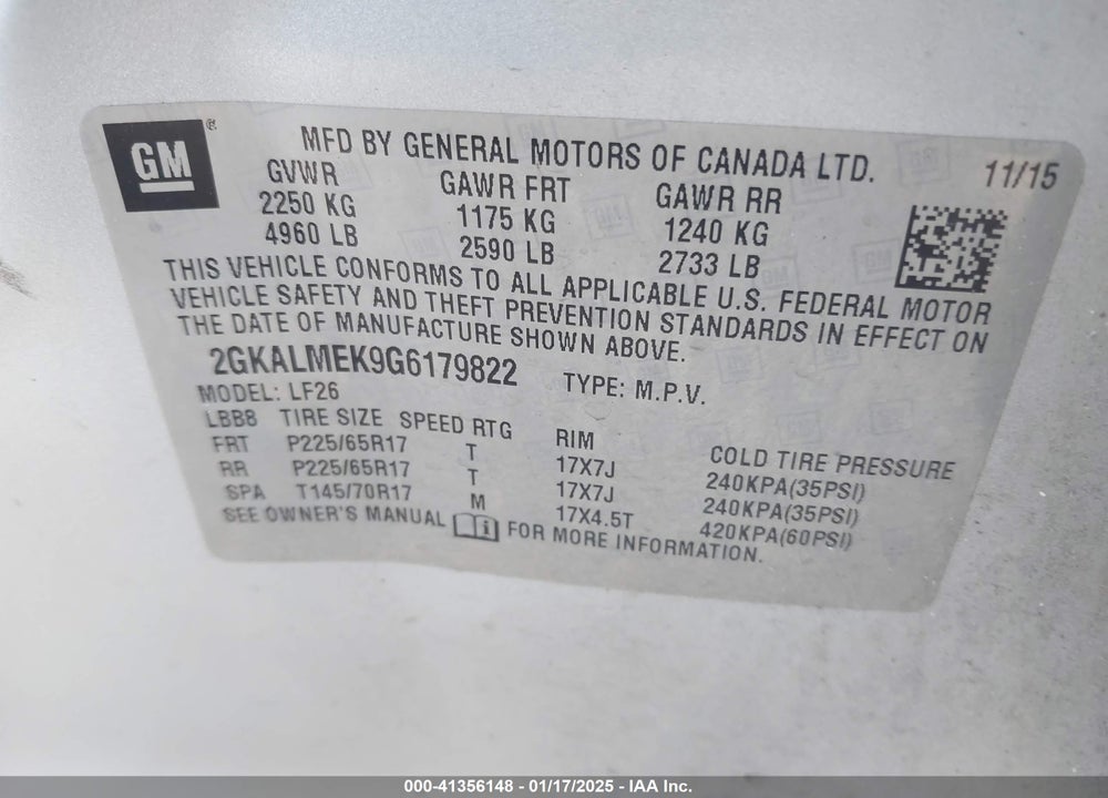 2016 GMC TERRAIN SLE-1 VIN: 2GKALMEK9G6179822