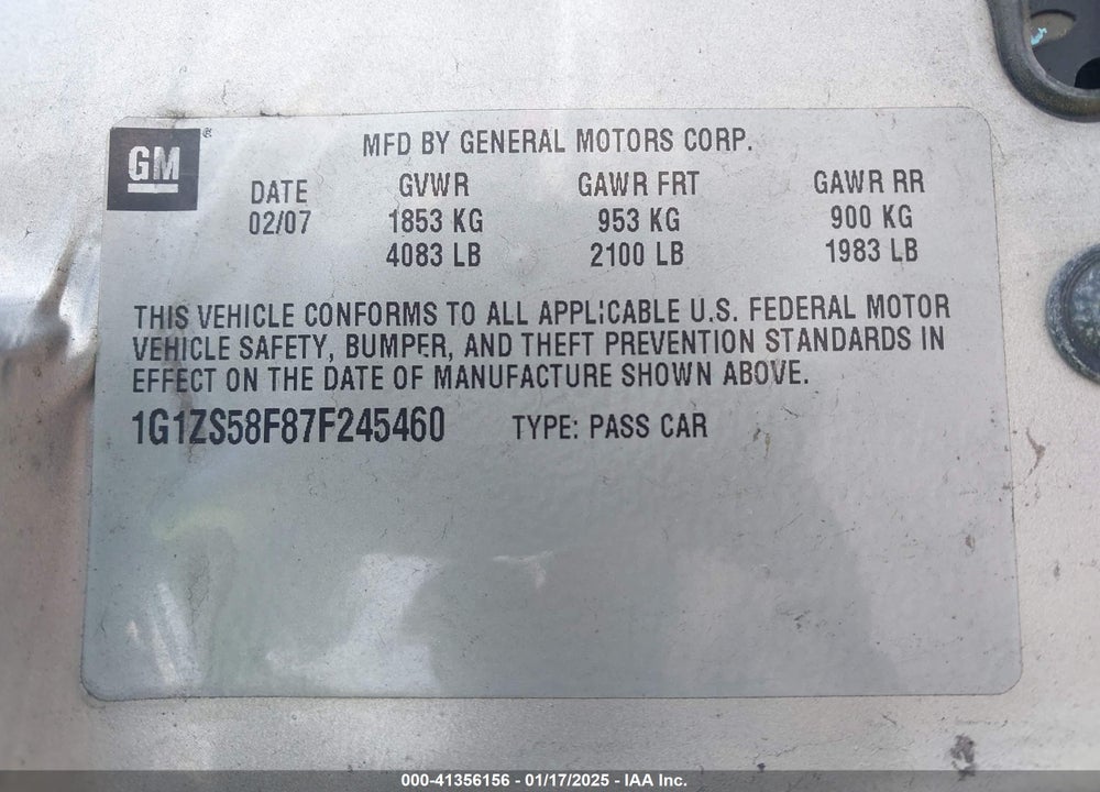 2007 CHEVROLET MALIBU LS VIN: 1G1ZS58F87F245460