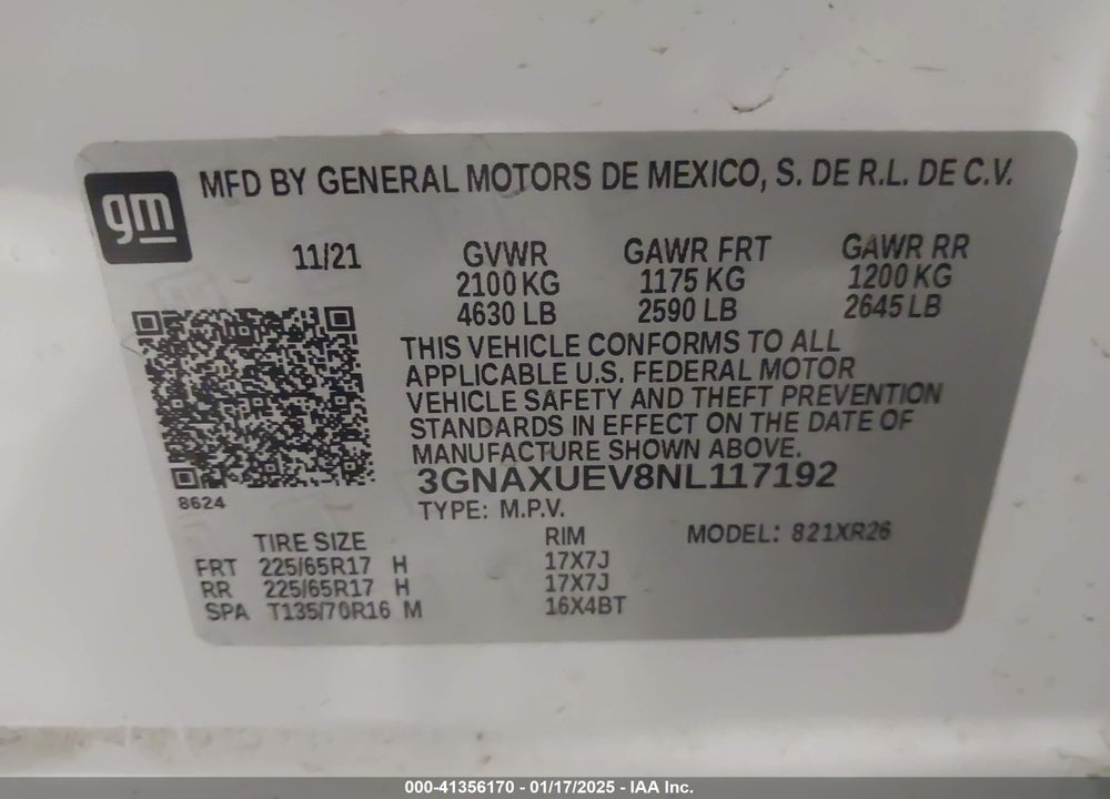 2022 CHEVROLET EQUINOX AWD LT VIN: 3GNAXUEV8NL117192