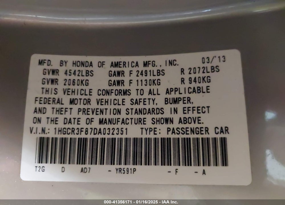 2013 HONDA ACCORD VIN: 1HGCR3F87DA032351
