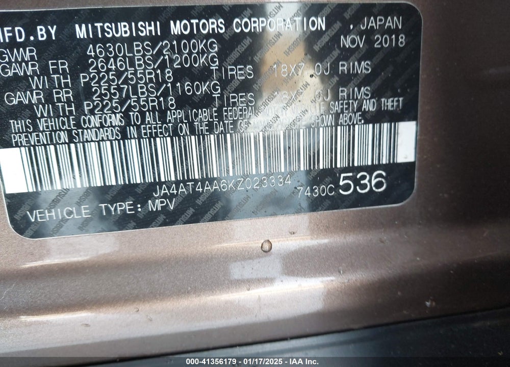 2019 MITSUBISHI ECLIPSE CROSS LE/SE/SP VIN: JA4AT4AA6KZ023334