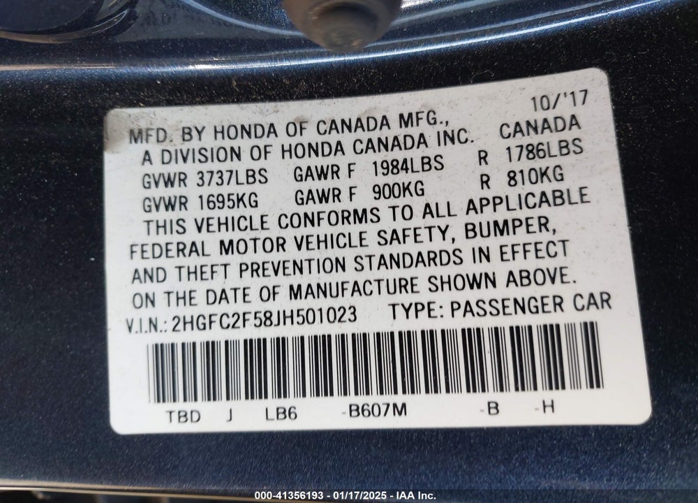 2018 HONDA CIVIC LX VIN: 2HGFC2F58JH501023