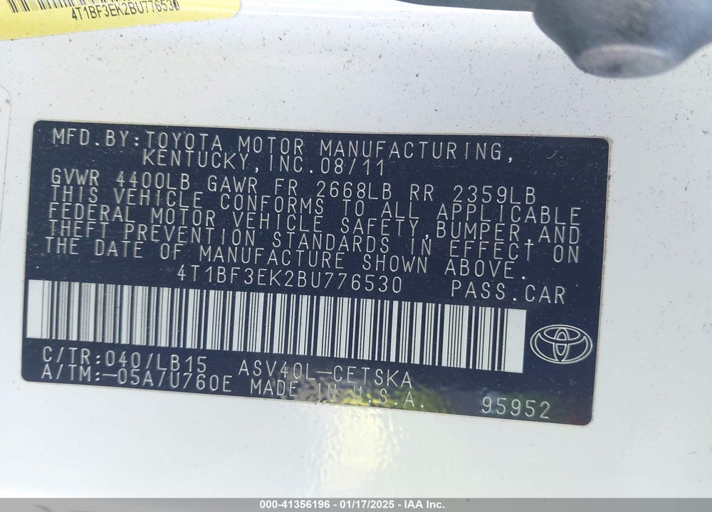 2011 TOYOTA CAMRY SE VIN: 4T1BF3EK2BU776530