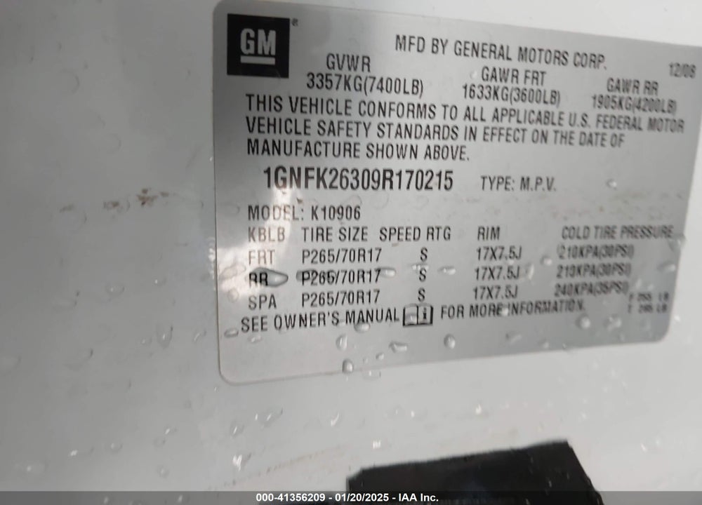 2009 CHEVROLET SUBURBAN 1500 LT2 VIN: 1GNFK26309R170215