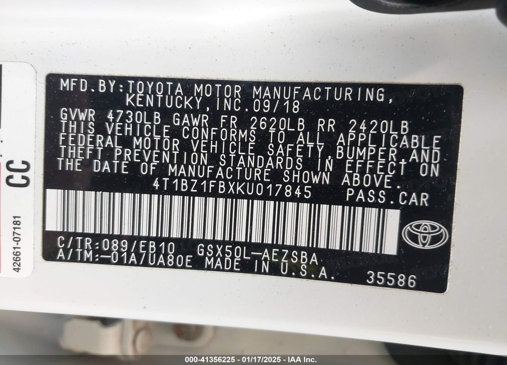 2019 TOYOTA AVALON TOURING VIN: 4T1BZ1FBXKU017845