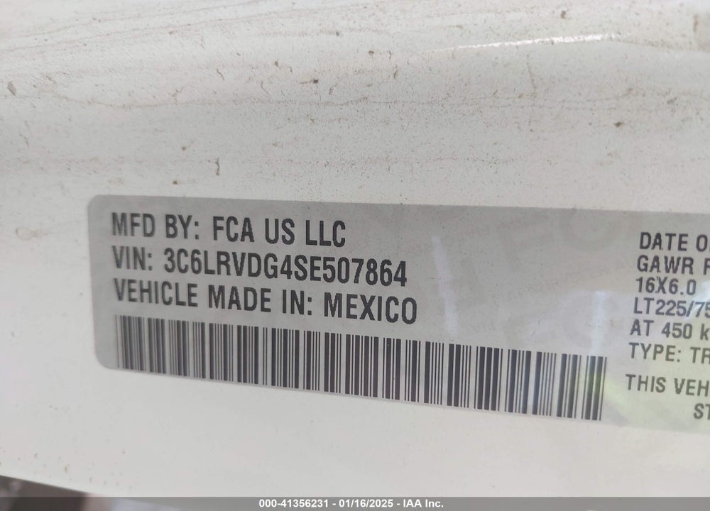 2025 RAM PROMASTER 2500 TRADESMAN HIGH ROOF 159 WB W/PASS SEAT VIN: 3C6LRVDG4SE507864