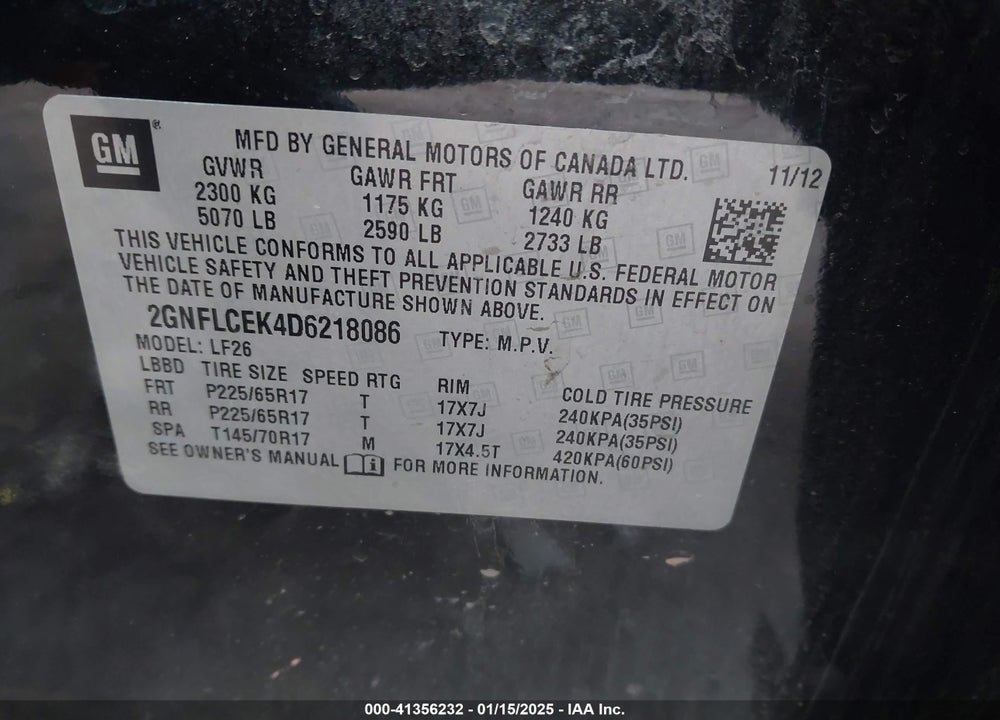 2013 CHEVROLET EQUINOX LS VIN: 2GNFLCEK4D6218086