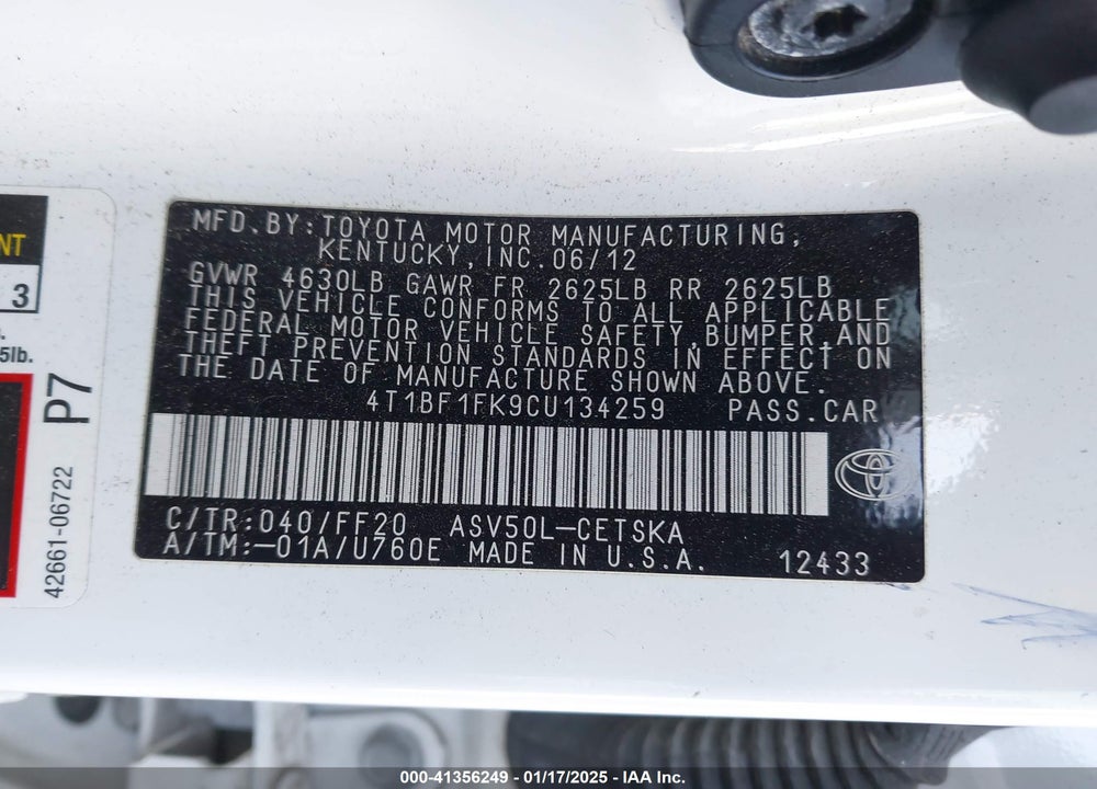 2012 TOYOTA CAMRY VIN: 4T1BF1FK9CU134259