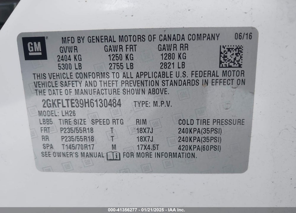 2017 GMC TERRAIN SLE-2 VIN: 2GKFLTE39H6130484