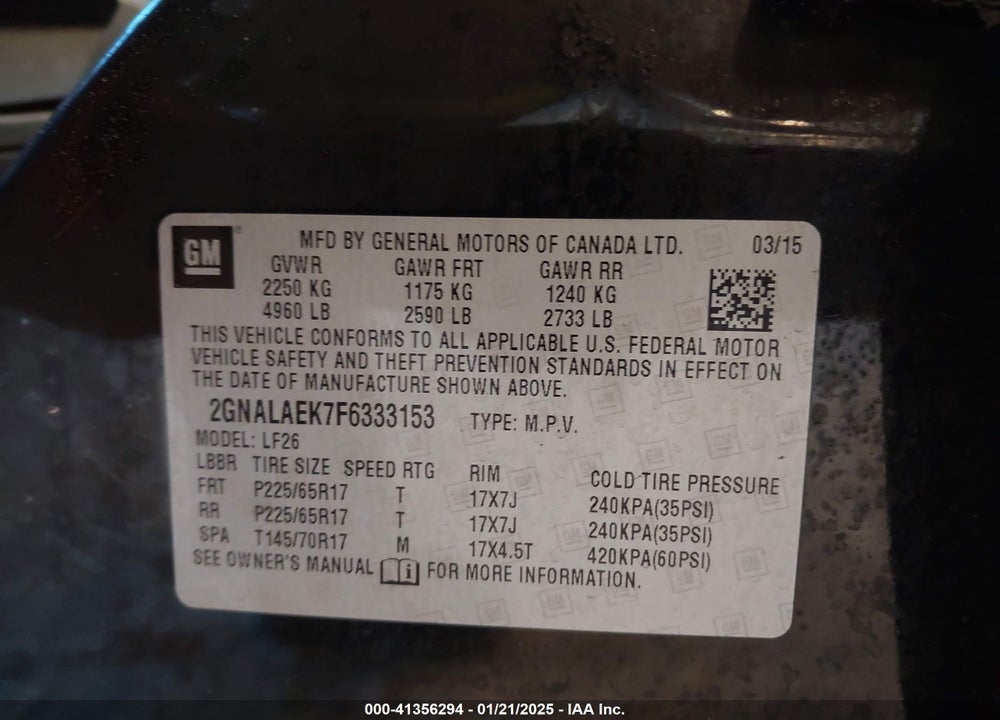2015 CHEVROLET EQUINOX VIN: 2GNALAEK7F6333153