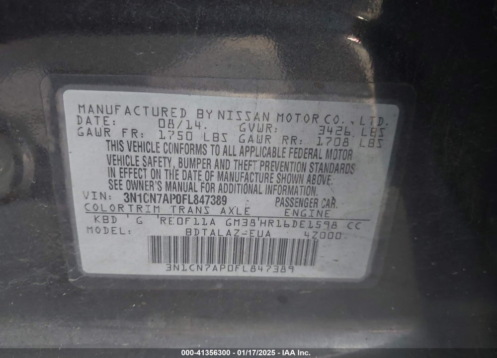 2015 NISSAN VERSA 1.6 S+ VIN: 3N1CN7AP0FL847389