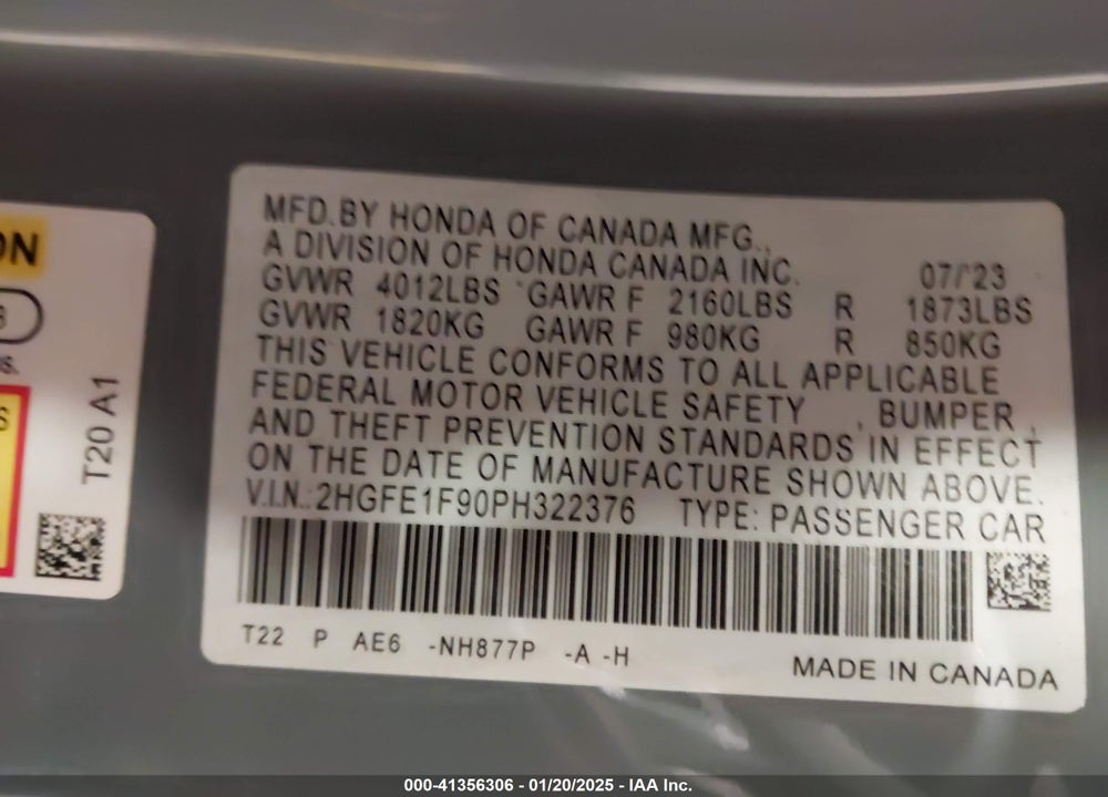 2023 HONDA CIVIC VIN: 2HGFE1F90PH322376